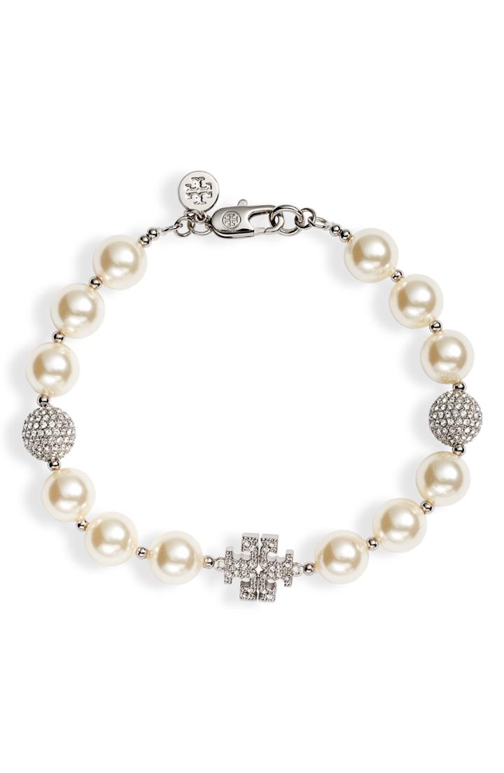 Women's Tory Burch Pave Crystal Charm & Imitation Pearl Bracelet
