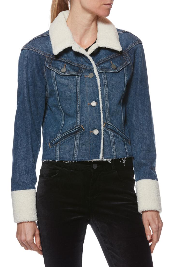 Women's Paige Tori Faux Shearling Trim Crop Denim Jacket - Blue