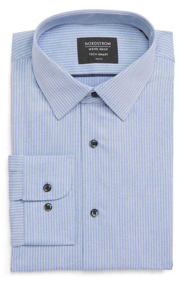 Men's Nordstrom Men's Shop Tech-smart Trim Fit Stretch Stripe Dress Shirt .5 - 34/35 - Blue