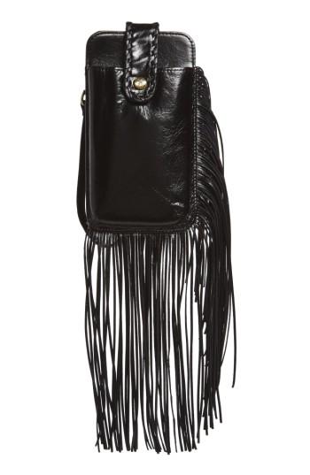 Women's Hobo Plume Fringe Calfskin Leather Smartphone Wristlet - Black