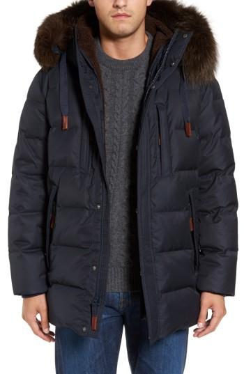 Men's Andrew Marc Quilted Down Jacket With Genuine Fox Fur Trim - Blue