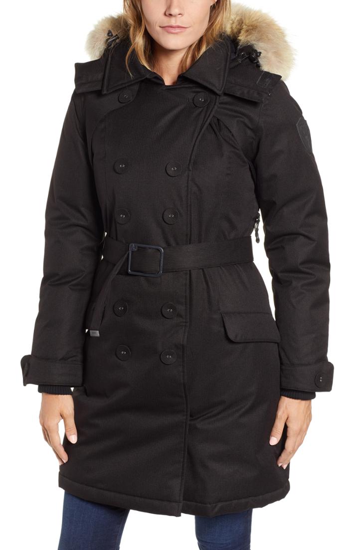 Women's Astrid Hooded Down Peacoat With Genuine Coyote Fur Trim - Black
