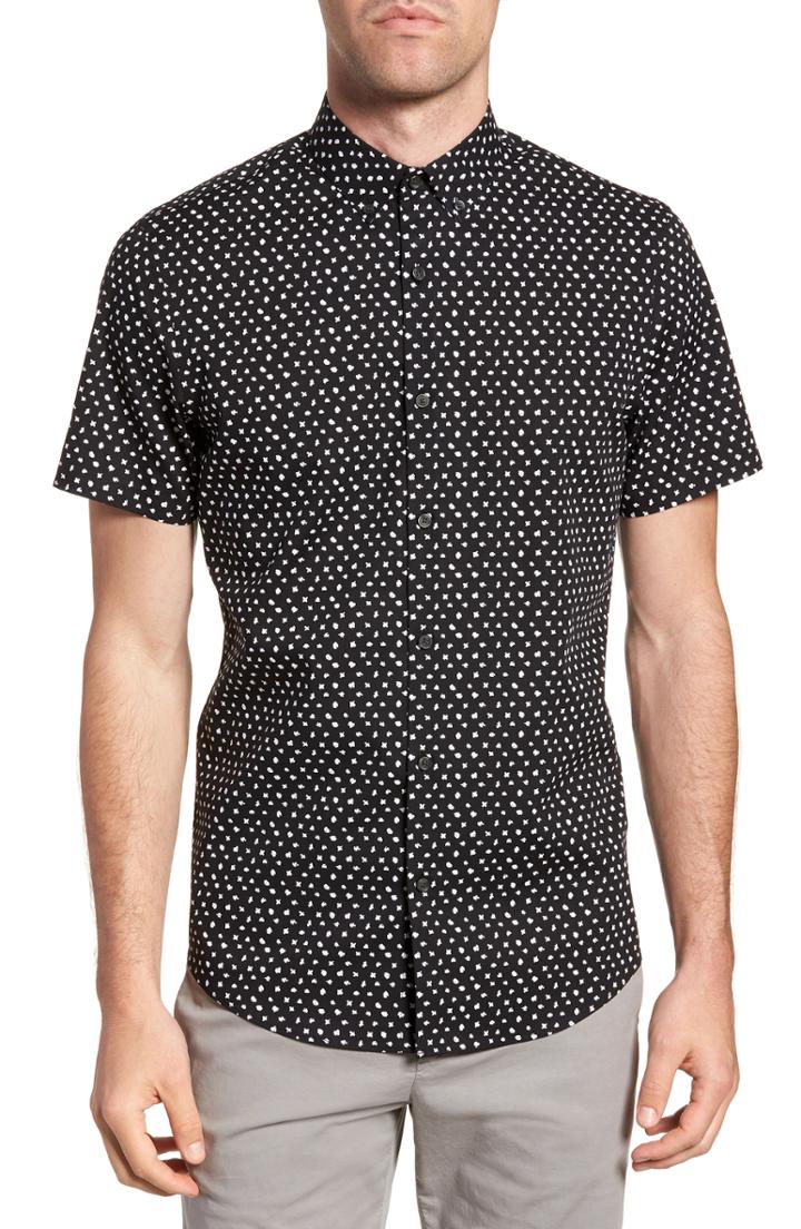 Men's Calibrate Trim Fit Dot Print Sport Shirt, Size - Black