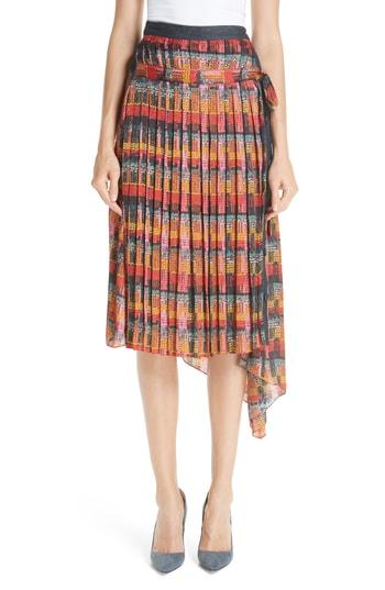 Women's Adam Lippes Print Satin Chiffon Pleated Skirt - Red