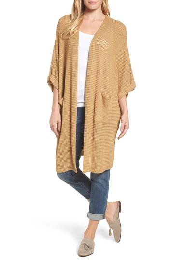 Women's Caslon Long Textured Knit Kimono Cardigan - Yellow