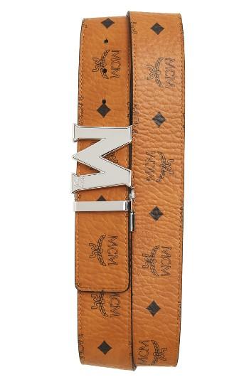 Men's Mcm Reversible Signature Leather Belt, Size - Cognac
