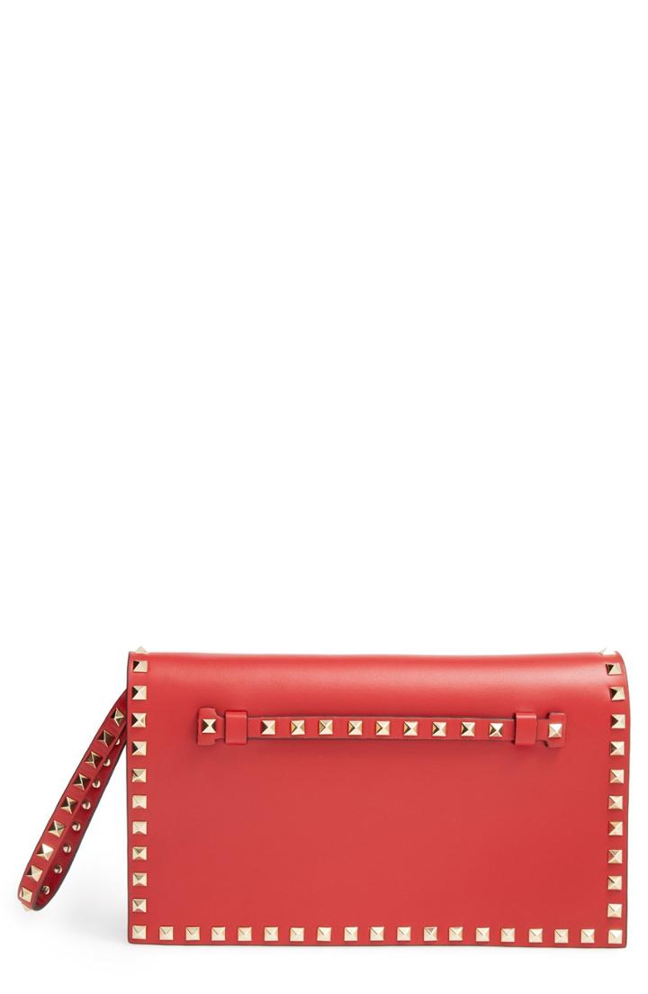 Valentino Garavani Rockstud Leather Flap Clutch - Red