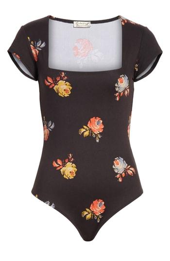 Women's Free People Floral Square Neck Thong Bodysuit - Black