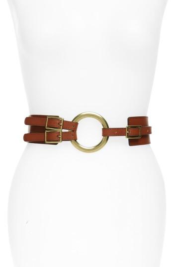 Women's Accessory Collective Round Buckle Faux Leather Belt - Cognac