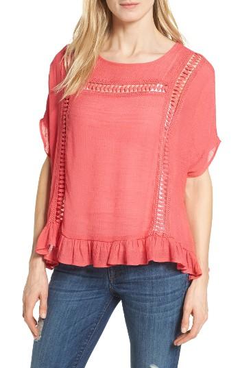 Women's Bobeau Ruffle Hem Gauze Poncho Top - Coral