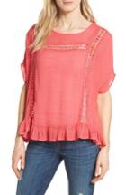 Women's Bobeau Ruffle Hem Gauze Poncho Top - Coral