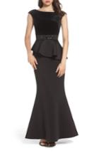 Women's Eliza J Cap Sleeve Mixed Media Peplum Gown - Black