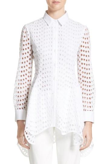 Women's Lela Rose Silk & Cotton Eyelet Peplum Shirt