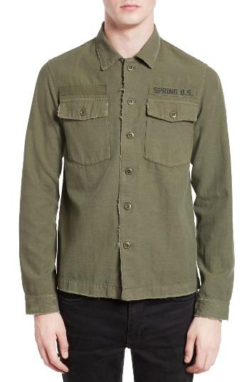 Men's The Kooples Embroidered Abrasion Effect Cotton & Linen Shirt - Green