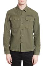 Men's The Kooples Embroidered Abrasion Effect Cotton & Linen Shirt - Green