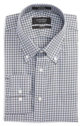 Men's Nordstrom Men's Shop Trim Fit Non-iron Gingham Dress Shirt - 34/35 - Grey