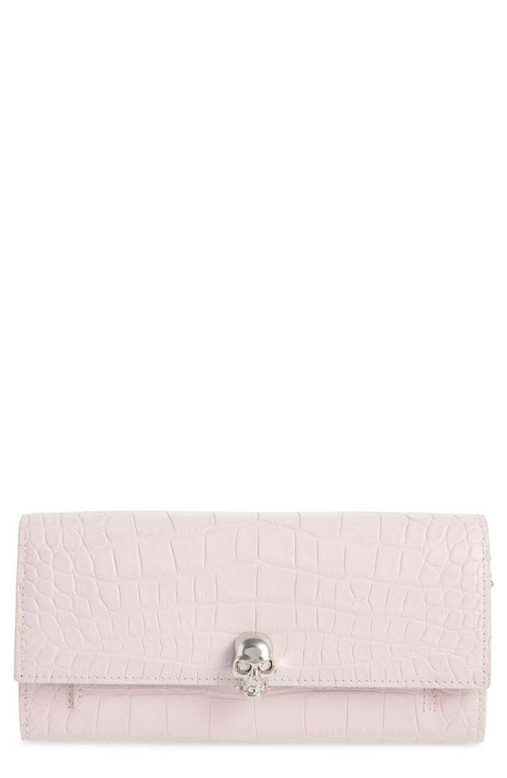 Women's Alexander Mcqueen Skull Croc Embossed Leather Wallet On A Chain -