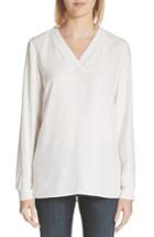 Women's Lafayette 148 New York Wyatt Knit Trim Matte Silk Blouse, Size - White