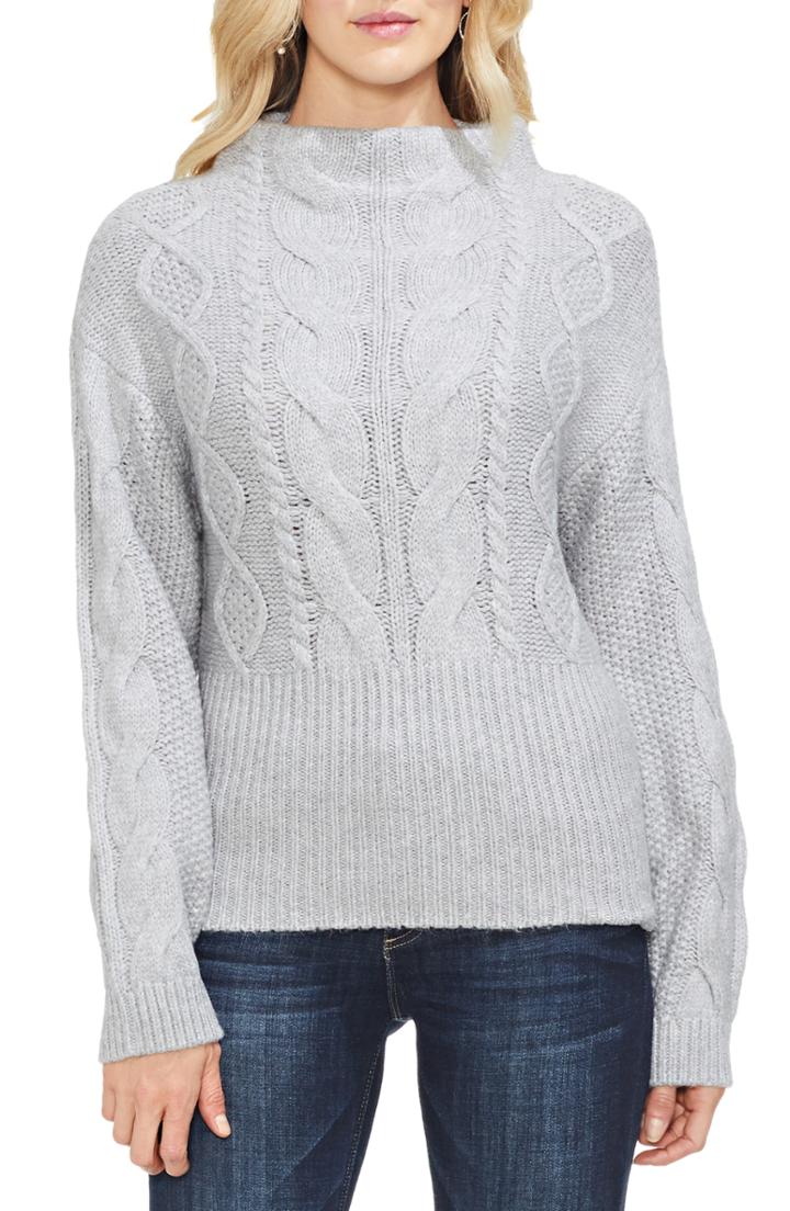 Petite Women's Vince Camuto Cotton Blend Cable Knit Sweater P - Grey