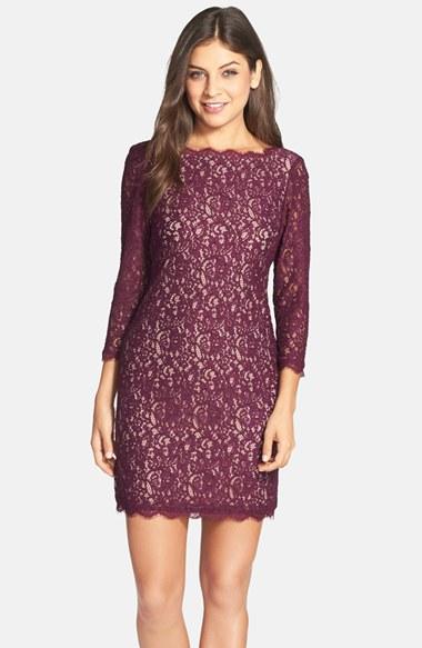 Petite Women's Adrianna Papell Lace Overlay Sheath Dress P - Burgundy