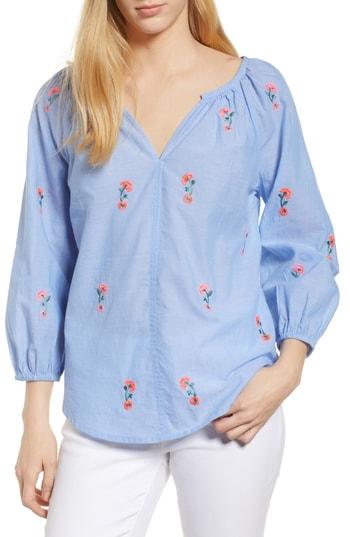 Women's Velvet By Graham & Spencer Embroidered Cotton Peasant Blouse - Blue