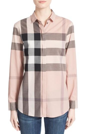 Women's Burberry Check Print Cotton Shirt, Size - Pink