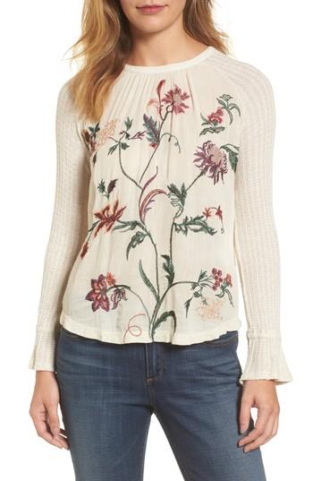 Women's Lucky Brand Raglan Sleeve Embroidered Front Top - Ivory