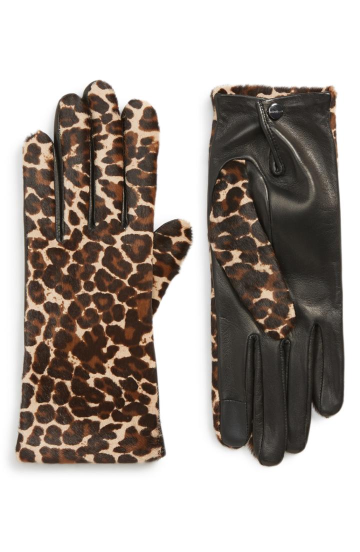 Women's Agnelle Leopard Print Genuine Calf Hair & Lambskin Leather Gloves .5 - Black