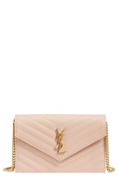 Women's Saint Laurent 'small Mono' Leather Wallet On A Chain - Pink