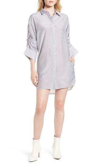 Women's Trouve Stripe Cotton & Silk Shirtdress, Size - Grey