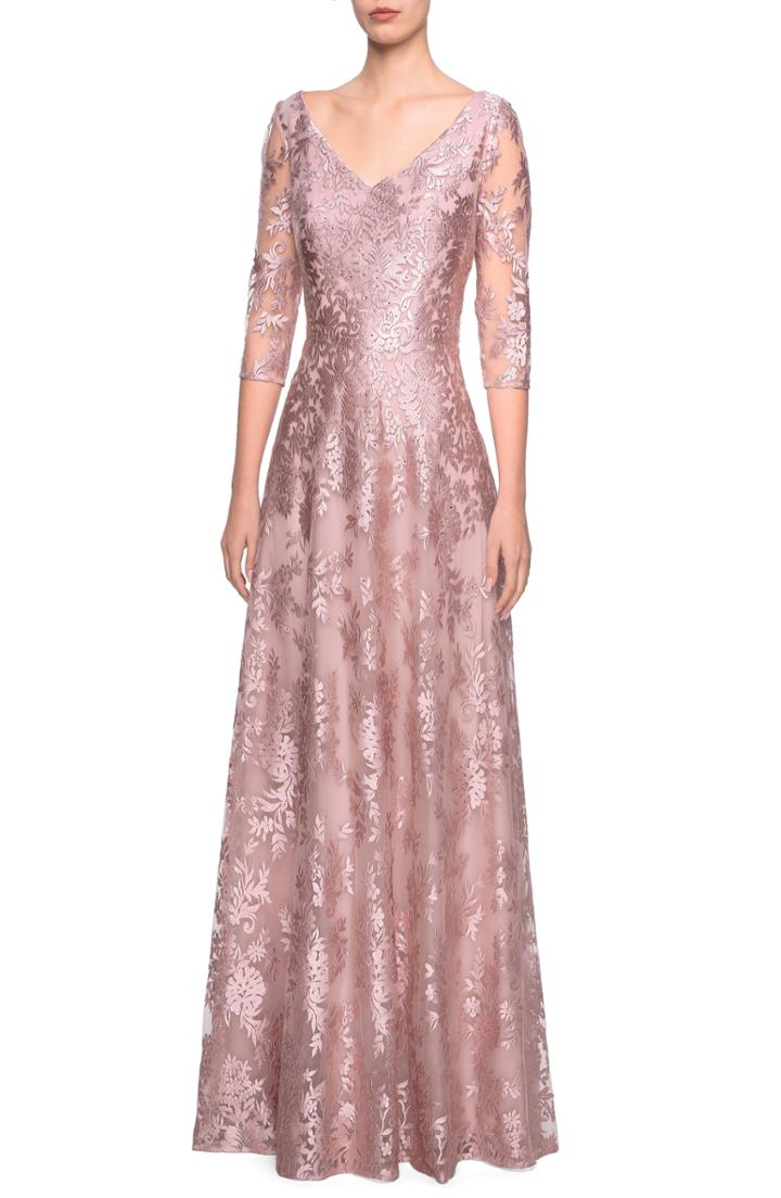 Women's La Femme V-neck Metallic Embroidered Evening Dress - Pink