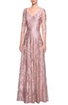 Women's La Femme V-neck Metallic Embroidered Evening Dress - Pink