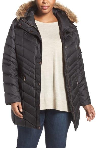 Women's Andrew Marc 'renee' Chevron Quilted Coat With Faux Fur Trim Hood