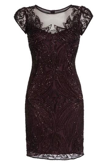 Petite Women's Pisarro Nights Beaded Illusion Yoke Sheath Dress P - Burgundy