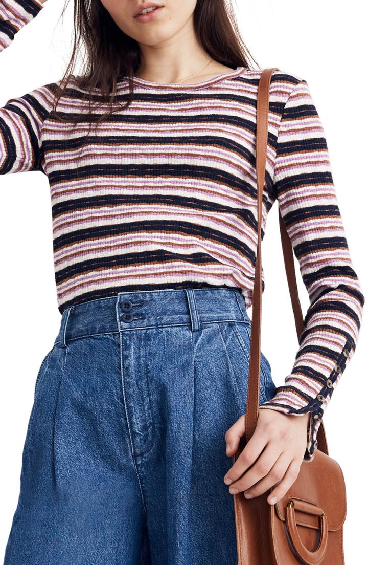 Women's Madewell Elsie Stripe Button Sleeve Tee, Size - Blue
