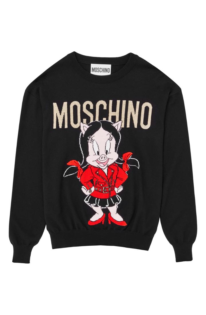 Women's Moschino Petunia Pig Wool Sweater - Black