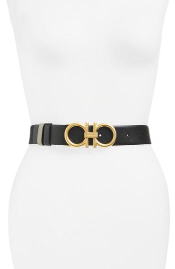 Women's Salvatore Ferragamo New Gancini Reversible Ceylon Leather Belt - Nero/ Fossil Grey