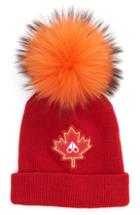 Women's Moose Knuckles Maple Leaf Toque Hat With Removable Genuine Fox Fur Pom - Red