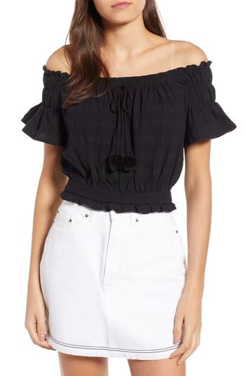 Women's Moon River Pompom Off The Shoulder Top - Black
