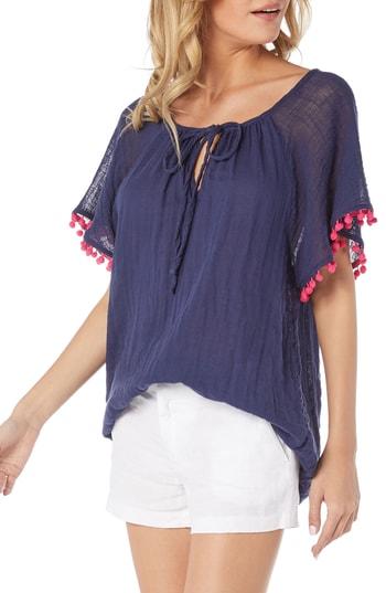Women's Michael Stars Pompom Gauze Peasant Top - Blue