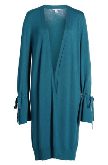 Petite Women's Halogen Lightweight Tie Sleeve Cardigan, Size P - Blue/green