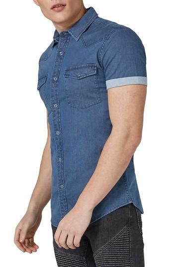 Men's Topman Muscle Fit Denim Shirt - Black