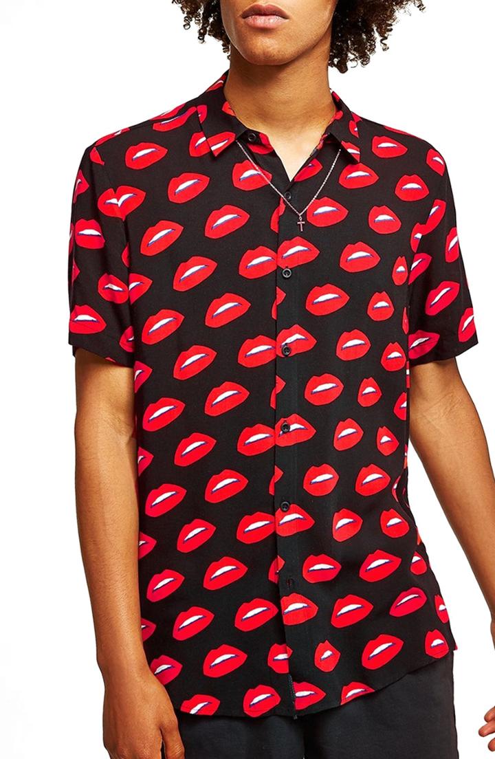 Men's Topman Lips Print Shirt, Size - Black