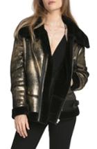 Women's Avec Les Filles Metallic Biker Jacket With Faux Shearling Trim - Metallic