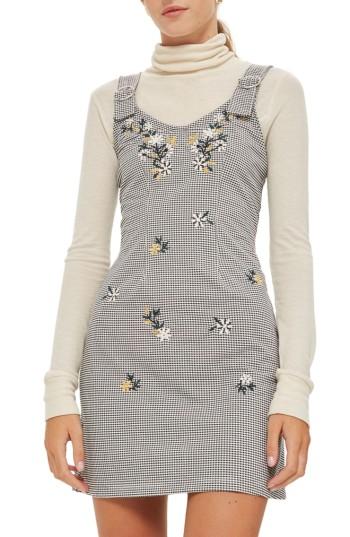 Women's Topshop Embroidered Gingham Pinafore Dress Us (fits Like 0) - Black