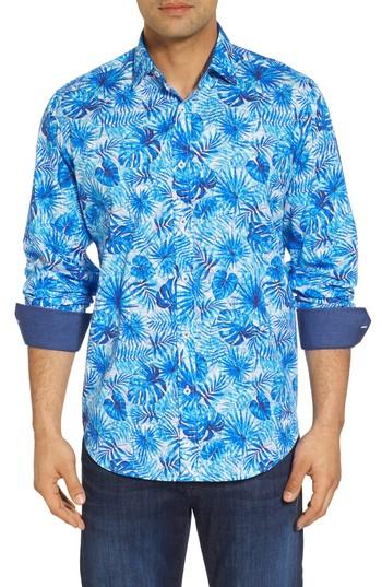 Men's Bugatchi Tropical Leaves Classic Fit Print Sport Shirt - Blue