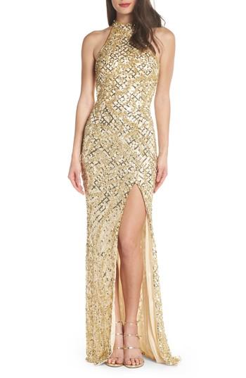 Women's Mac Duggal Beaded A-line Halter Gown - Metallic