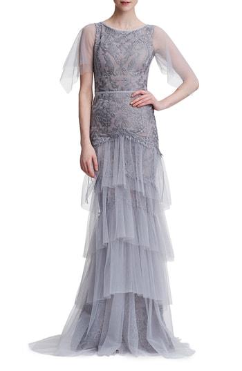 Women's Marchesa Notte Embroidered Tiered Tulle Gown - Grey