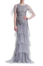 Women's Marchesa Notte Embroidered Tiered Tulle Gown - Grey
