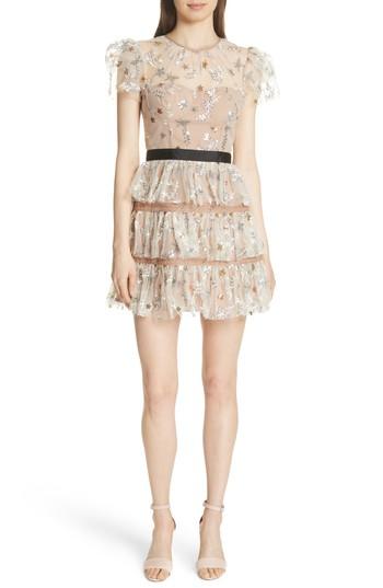 Women's Self-portrait Sequin Mesh Tiered Dress - Beige